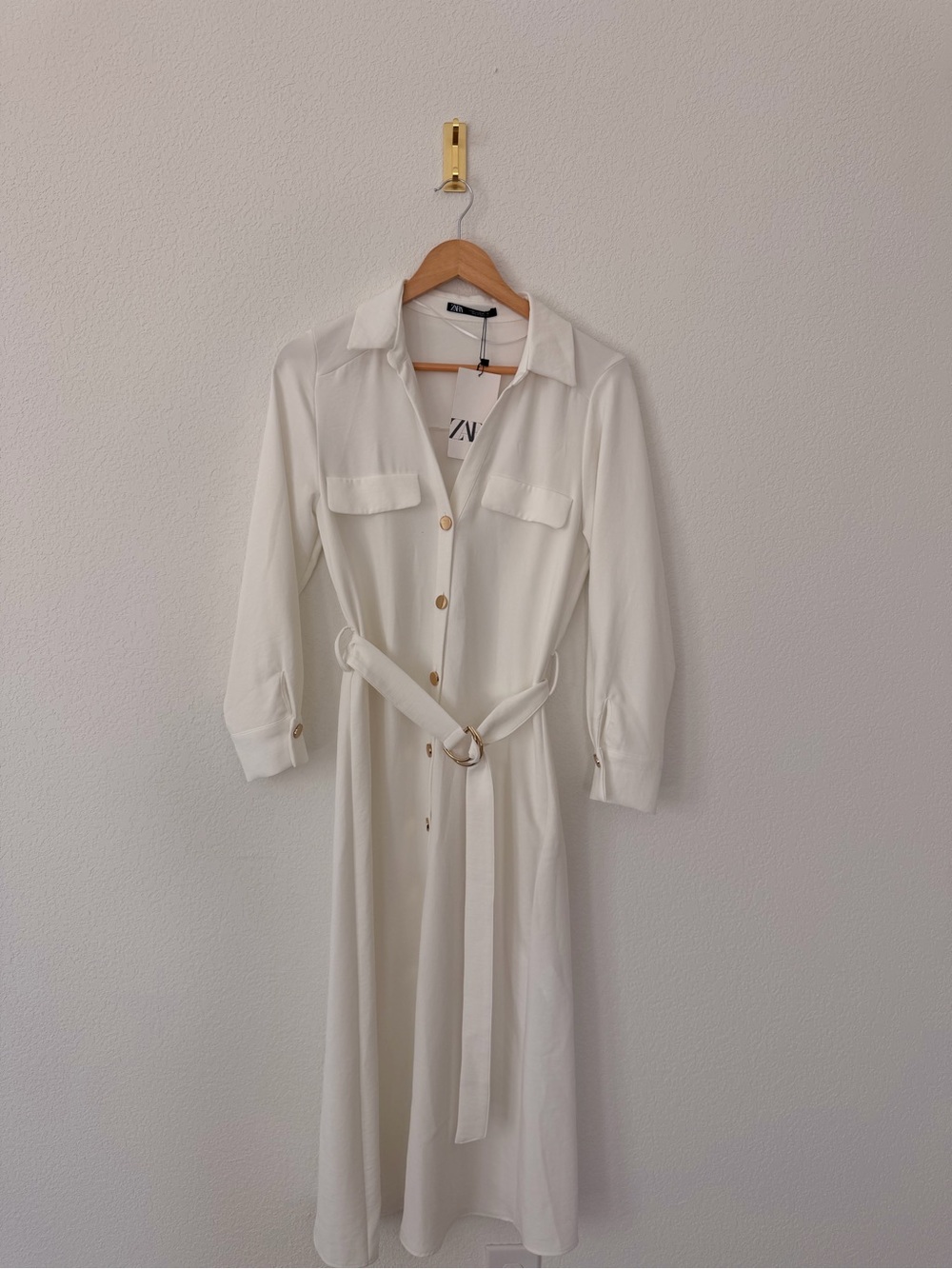 Zara Cream Shirt Dress with Gold Buttons and Belt - Picture 3 of 4